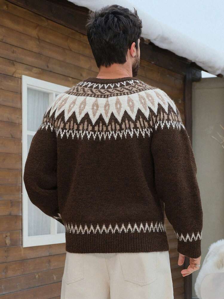 Men's Vintage Floral Jacquard Thick Crew Neck Sweater, Autumn/Winter