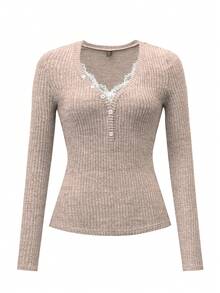 Vionelle Celure 大码女式休闲针织V领蕾丝拼接纽扣装饰长袖秋冬上衣 - 淺粉色 - 查看 7