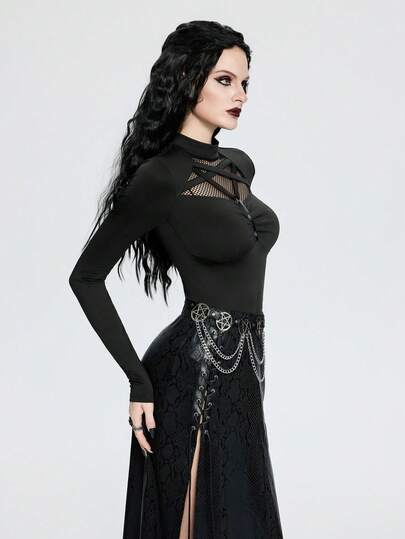 Breakform Women's Gothic Style Round Neck Hollow Patchwork Diamond Mesh Ruched Faux Leather Trim Eyelet Detail Fitted Long Sleeve Top