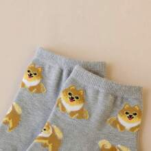 Calcetas de mujer, estilo adorable con estampado de perro, algodón suave, ajuste cómodo, corte bajo, primavera-verano, para uso diario y casual - Gris - Ver 3