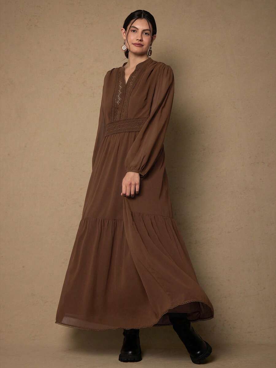 Freevana Plus Size Casual Solid Color Lace Patchwork Cutout Neck Dress Brown Long Dress Peasant Dress Brown Maxi Dress