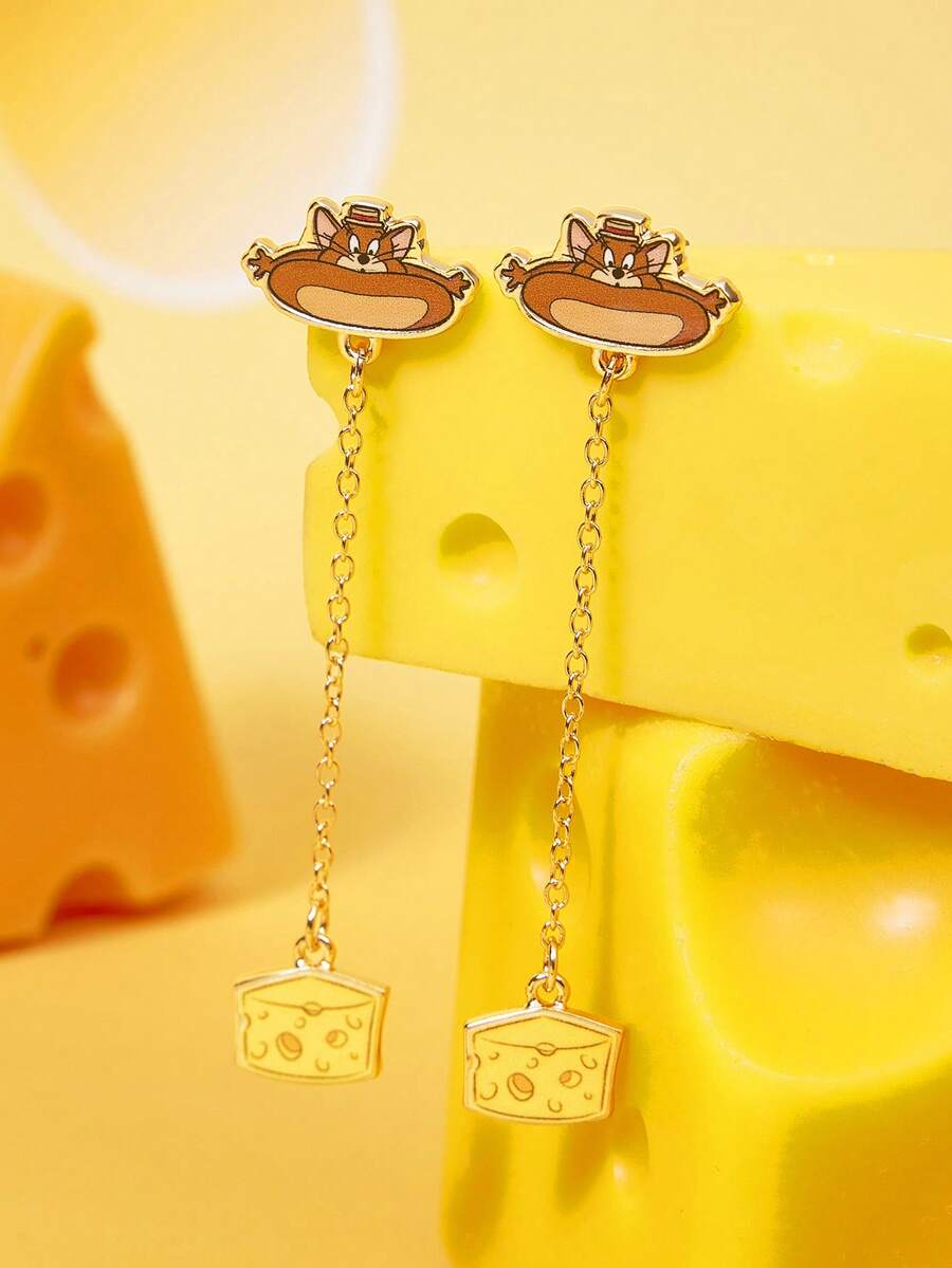 TOM & JERRY X SHEIN Fashionable Women's Popular Cartoon Element Zinc Alloy Earrings - Gold - View 1