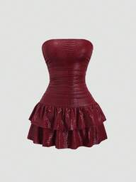 Sweetra فستان نسائي جديد للشتاء من جلد التمساح المطبع باللون البرغندي، مصنوع من جلد PU مرن، مناسب للذهاب إلى العمل، الاستخدام اليومي، الشارع، الحفلات، النوادي الليلية، تصميم تنورة كيك بخصر مطوي وبدون أكتاف، فستان قصير