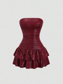 Sweetra Nuevo vestido mini de mujer de invierno burdeos con estampado de cocodrilo en PU elástico, adecuado para ir al trabajo, uso casual, sexy en la calle, fiestas, discotecas, con dobladillo de falda de pastel, sin tirantes y con pliegues en la cintura - Burdeos - Ver 1