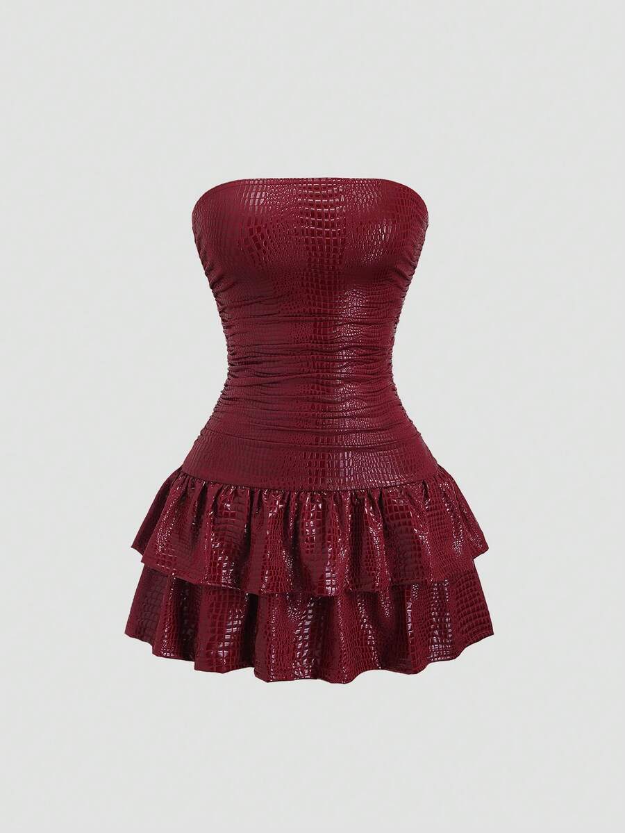 Sweetra Nuevo vestido mini de mujer de invierno burdeos con estampado de cocodrilo en PU elástico, adecuado para ir al trabajo, uso casual, sexy en la calle, fiestas, discotecas, con dobladillo de falda de pastel, sin tirantes y con pliegues en la cintura - Burdeos - Ver 1