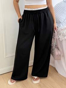 CovetEZ Quần dài thường ngày cạp chun ren tương phản cỡ lớn cho nữ mùa hè - màu đen - Xem 3