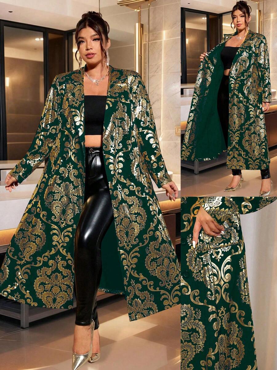 Cravure Áo khoác dài tay cổ bẻ in họa tiết lá kim cỡ lớn, dáng chữ A, cài hai hàng khuy, thanh lịch cho tiệc tùng, đi chơi, tụ tập, ăn tối - Màu xanh lá cây đậm - Xem 1