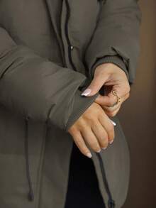 SAYEHFBABY 时尚休闲可调节腰部绗缝中长款连帽加厚棉服外套女士冬季服装 - 灰色 - 查看 3