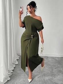 Elenzga Plus Size Women's Solid Color Asymmetric Ruffle Hem Split Elegant Dress, Metal Decor Button - Army Green - View 4