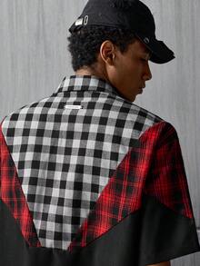 NEON BLANC Men's Summer Fashion Colorblock Plaid Rhinestone Spider Web Print Shirt - Grey - View 6