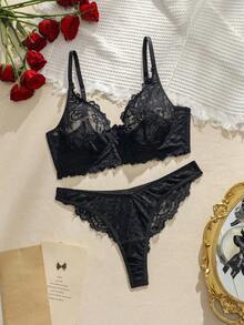 Floral Lace Underwire Lingerie Set, Baddie Look - Black - View 5