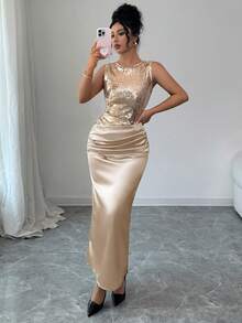 Siren Gaze Robe sans manches pour femmes avec décoration de sequins, robe d'hiver à la mode pour femmes, robe de Noël avec sequins, robe dorée à sequins, robe scintillante, robe brillante, robe pailletée, robe pour le Nouvel An, robe de soirée - Champagne - Voir 6