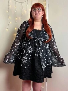 Enliva 大码女式返校/度假季 V 领长袖娃娃装上衣，带有太阳月亮星星印花，秋季 - 黑與白 - 查看 4