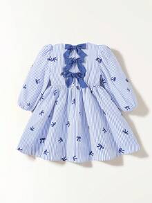 Maija Kids Kleine Mädchen Kleid mit blau-weißen gestreiften Schleifen-Dekor, rundem Ausschnitt, Lässig, Langarm - Blau-Weiß - Übersicht 1
