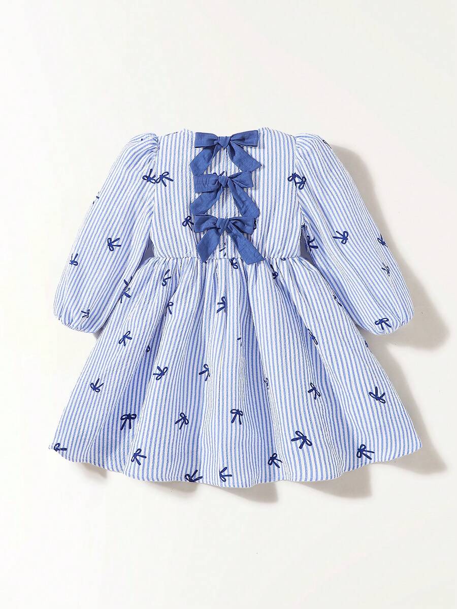 Maija Kids Kleine Mädchen Kleid mit blau-weißen gestreiften Schleifen-Dekor, rundem Ausschnitt, Lässig, Langarm - Blau-Weiß - Übersicht 1