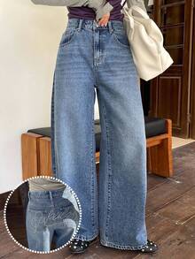 Livesso Women's Letter Print Pocket Wide Leg Loose Casual Jeans