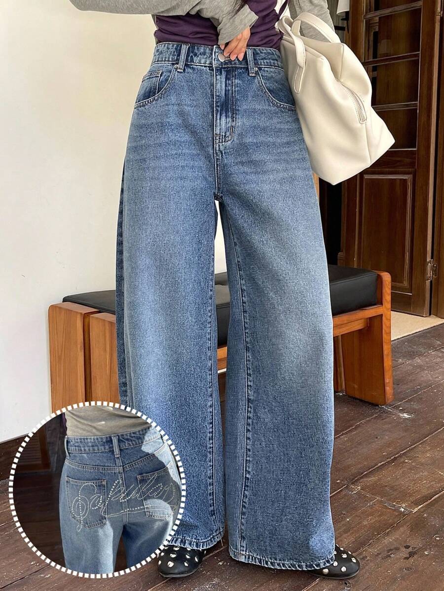 Livesso Women's Letter Print Pocket Wide Leg Loose Casual Jeans