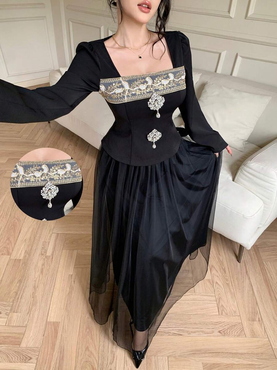 Celisse Women's Solid Color Vintage Lace Patchwork Rhinestone Decor Top + Mesh Skirt 2-Piece Set - Black - View 1