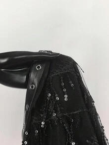 Amplova 女式纯色低胸亮片流苏下摆性感露背迷你连衣裙 - 黑色 - 查看 16