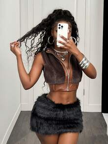 Slaydiva Women's Fashionable Sexy Faux Fur Cropped Vest Jacket For Going Out & Party - Brown - View 5