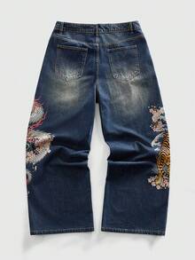 ROMWE MEN Street Life Men's Casual Washed Dragon Pattern Tiger Embroidery Wide Leg Jeans - Blue - View 9