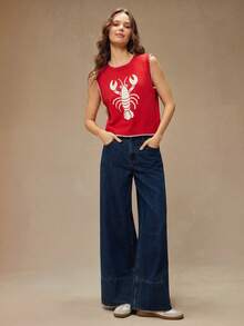 WESTFADE Round Neck Multi Stitch Summer Lobster Intarsia Sweater Tank Top Spring Break Vacation - Red - View 3