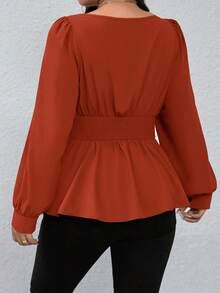 SHEIN Clasi Áo sơ mi tay dài cổ vuông màu trơn viền bèo nhún cỡ lớn, thường ngày cho dịp Giáng sinh, áo peplum - Màu Cam cháy - Xem 5