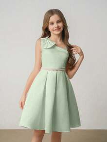 Tween Girls' Waist Asymmetric Elegant Sage Green Wedding Party Mini Dress, Graduation, Outfit - Mint Green - View 5