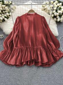 DreamSkyne 大码女式珍珠串珠蝴蝶结喇叭袖优雅衬衫