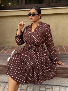 Dripcurv Plus Size Brown Polka Dot French Midi Dress For Autumn,Classique Date Night,New Year Look,Teacher Outfits,Business Work Uniforms - Multicolor - View 4