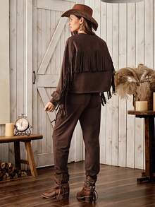 Wildy American Casual Country Western Women Autumn/Winter Basic Outfit Fringe Long Sleeve Top And Pants 2 Pieces Set - Coffee Brown - View 2