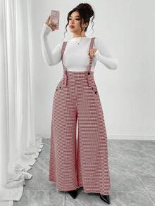 Elenzga 大码千鸟格印花针织面料双排扣长裤，配有真正开口口袋，高腰喇叭裤腿连体裤，优雅百搭，适合外出、约会、聚会等场合，也可作为休闲通勤背带裤穿着。 - 酒紅色 - 查看 1