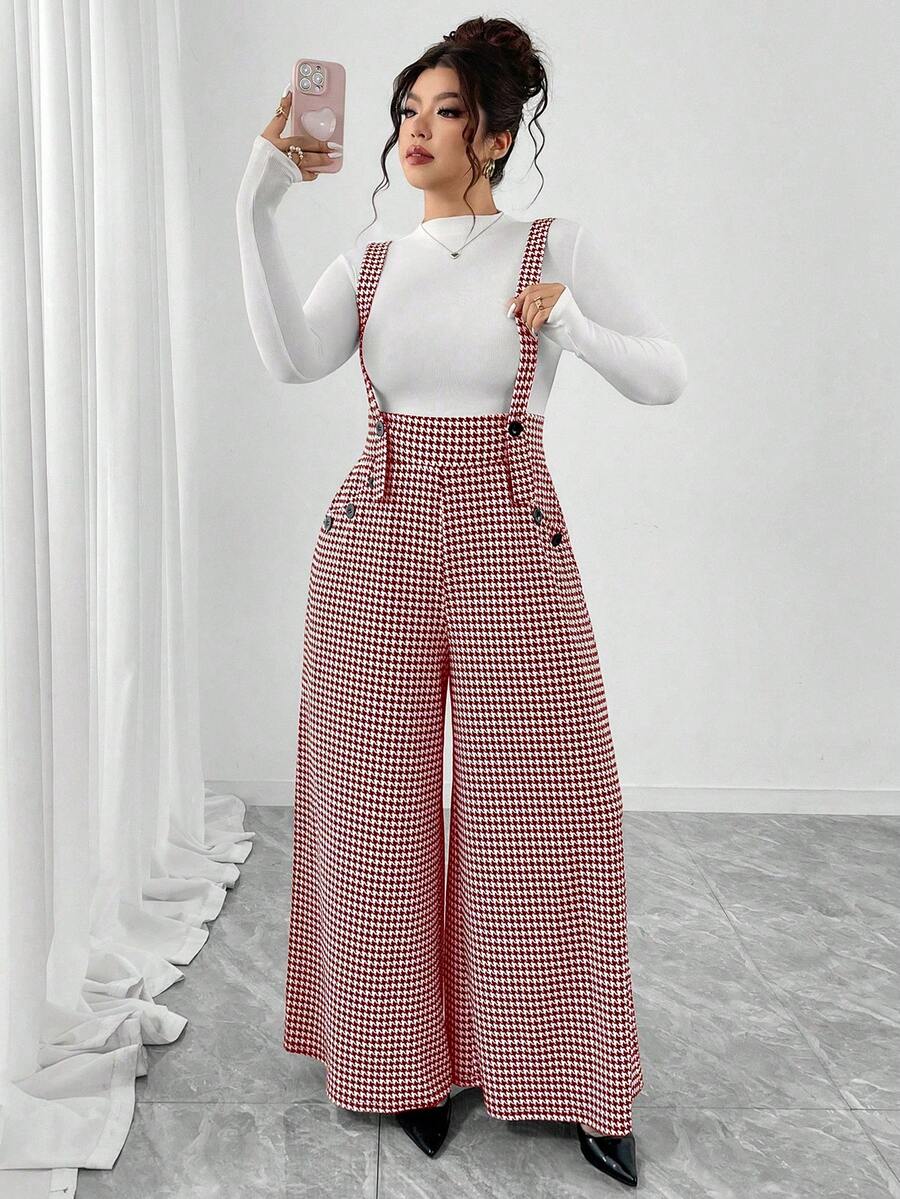Elenzga 大码千鸟格印花针织面料双排扣长裤，配有真正开口口袋，高腰喇叭裤腿连体裤，优雅百搭，适合外出、约会、聚会等场合，也可作为休闲通勤背带裤穿着。 - 酒紅色 - 查看 1