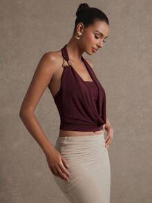 L'Amorae Áo cổ xếp ly kim loại màu trơn dành cho nữ - Màu Đỏ Sâu - Xem 5