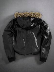 PAVTROS Plus Size Men's Street Style PU Embroidered Fleece Hoodie Jacket Fur Hoodie Men Letter Men Jacket Mens Plus Fur Men Jackets Zip Up Motorcycle Jacket - Black - View 2