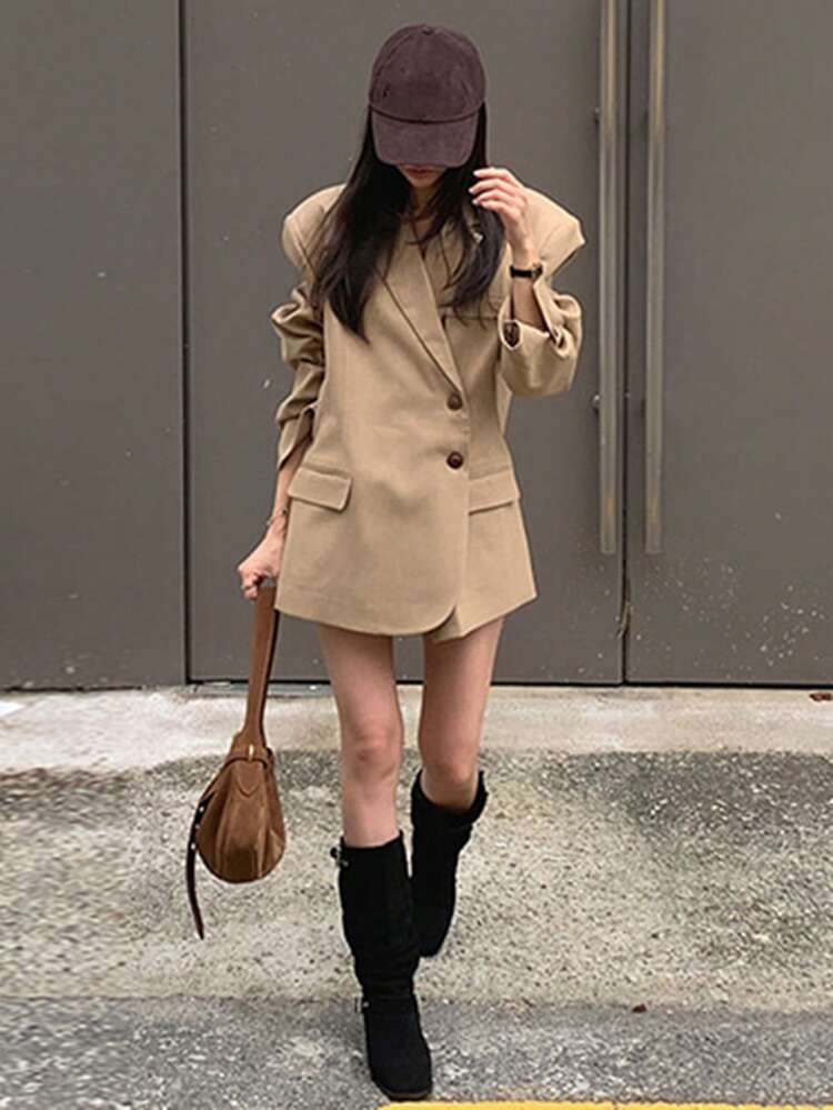 Stylish Side Button Loose Casual Blazer Jacket, Women Chic Silhouette Suit Jacket