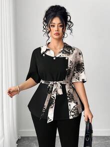 Elenzga 大码女式花卉印花拼接衬衫，优雅休闲度假装 - 黑色 - 查看 5