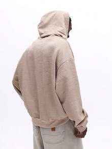 SUMWON Beige Textured Knit Pullover Hoodie With Waffle Pattern And Drawstring Hood For Fall Winter Streetwear Plain - Khaki - View 6