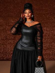 Maweii 大码长袖网纱拼接性感小众优雅浪漫连衣裙 - 黑色 - 查看 2