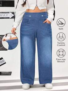 Flexra Plus Size Women Casual Everyday Commute Simple Versatile Elastic Waist Loose Wide Leg Jeans - Medium Wash - View 1