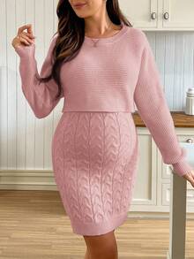 SHEIN Conjunto de vestido de punto de unicolor casual de maternidad, otoño/invierno - Rosa vieja - Ver 1