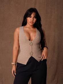 Rustia Canotta in maglia con bottoni metallici a conchiglia, taglie comode - Cachi - Visualizzare 3