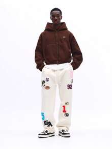 SUMWON Badge Decorated Fleece Sweatpants With Sports And Varsity Number Patches Drawstring Waist Casual Lounge Pants - Apricot - View 3