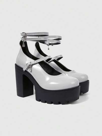 Kawaii Women's Brown Closed Toe Chunky Heel Mary Jane Shoes With Ankle Strap, Waterproof Platform, Multiple Buckle Decor, Party Dress Pumps