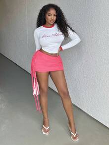 Alexandranx 2025夏季新款伊比沙岛波西米亚风女装，音乐节，西部风，游牧风，派对，泳池性感度假，邮轮旅行，海滩，日光浴，病毒式流行，度假，甜美，性感，女士红色钩针流苏迷你裙（可搭配）秋冬女装 - 玫紅色 - 查看 4