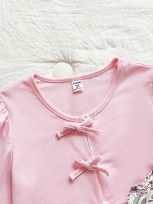 SHEIN 两件套女童休闲罗纹针织开衫（带蝴蝶结装饰）和简约印花吊带裙，春秋季 - 粉色 - 查看 8