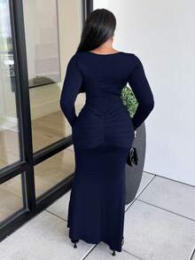 Alexandranx Gaun Wanita Model Terbaru, Warna Polos, Pas Badan, Lengan Panjang, Elegan - Navy Blue - View 2