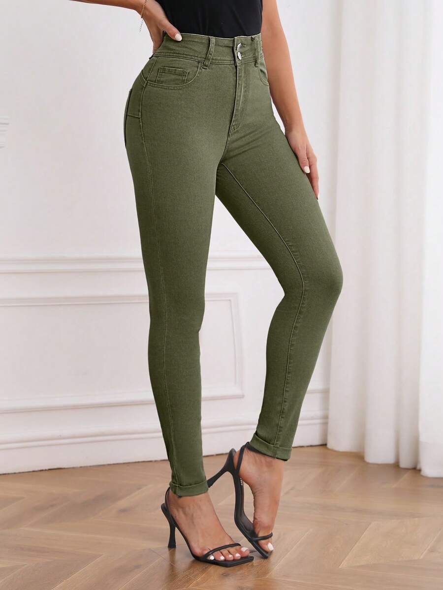 EMERY ROSE Women's Pocket Skinny Casual Versatile Denim Jeans Army Green Pants Olive Green Pants Green Jeans Green Pants For Women Women's Green Pants - Army Green - View 1