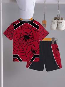 SHEIN GraphicGems 1 Bộ đồ bơi liền thân tay ngắn cổ tròn họa tiết mạng nhện và lưới nhện cho bé trai, thích hợp mặc ngoài trời, chơi thể thao, đi học vào mùa xuân/hè - Nhiều màu - Xem 3