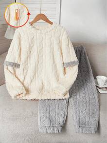 Teen Girls Loungewear 4-Piece Set - Cream White Gray Cable Knit Pajamas Round Neck Long Sleeve Top Pants Combo 3D Cable Knit Texture Design Contrast Color Cuff Detail Thick Warm Fleece Fabric Social Media Style Cozy Healing Autumn Winter Holiday Essential Young Women Home PJs Set Teen Girl Clothes - White - View 3